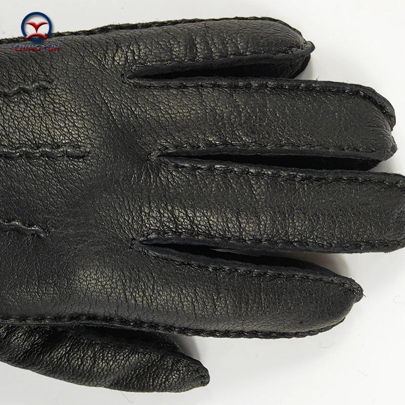 CHING YUN Winter Hand-stitched Men's Deerskin Gloves Deer Skin Men's Warm Soft Black Corrugated Gloves 70% Wool Lining warm gloves,full finger gloves,leather gloves,male gloves