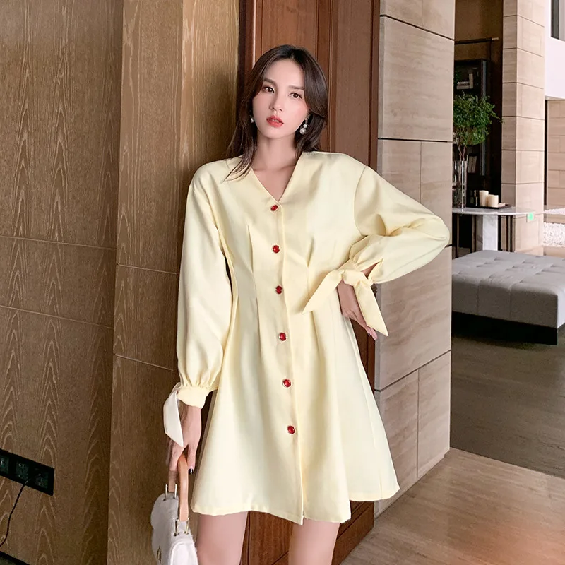 

2020 Spring Clothing New Style INS Lantern Sleeve Single Breasted Waist Hugging Solid Color Dress Korean-style WOMEN'S Wear Spri
