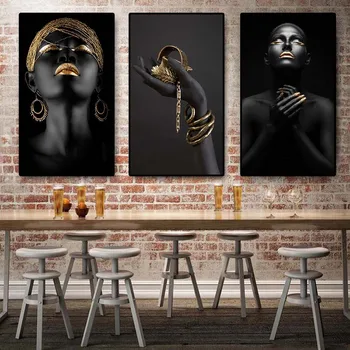 

3 Panels Black Hand African Nude Contemplator Woman Oil Painting on Canvas Posters and Prints Wall Art Picture for Living Room