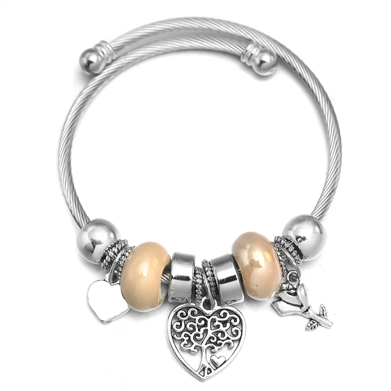 Beaded Bracelet 6 Colors Beading Bracelet Heart-Shaped Tree of Life Bracelet Bangles Jewelry For Women Gift