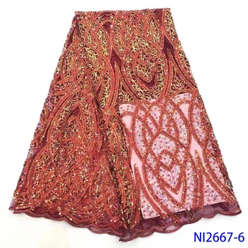 

New Fashion French Tulle Lace Fabric Sequins African Net Lace Fabric Elastic Nigerian Mesh Lace Fabric For Party 5Yards NI2667-6
