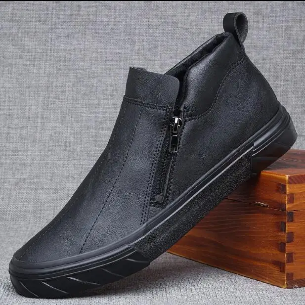 autumn new fashion street cool men simple zipper pu leather casual shoes man trend leather shoes loafers