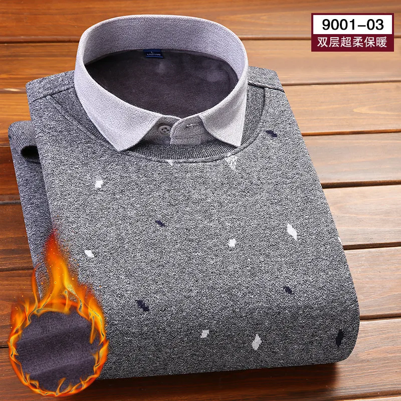 900103 Поддельные две части мужские рубашки Зимние тепловые рубашки с длинным рукавом и отложным воротником трикотажные толстые теплые плюс бархатные мужские повседневные рубашки 4XL - Цвет: 900103