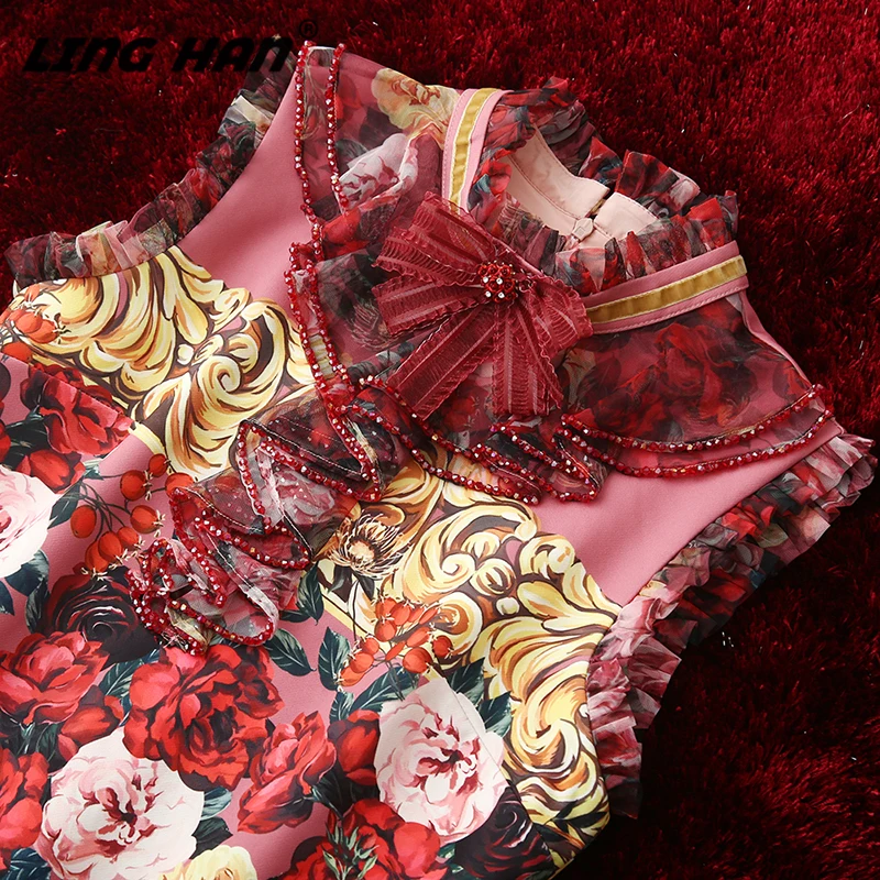 LINGHAN Designer Autumn Flower Print Crystals Sleeveless Elegant Mini Dress Party Dresses New