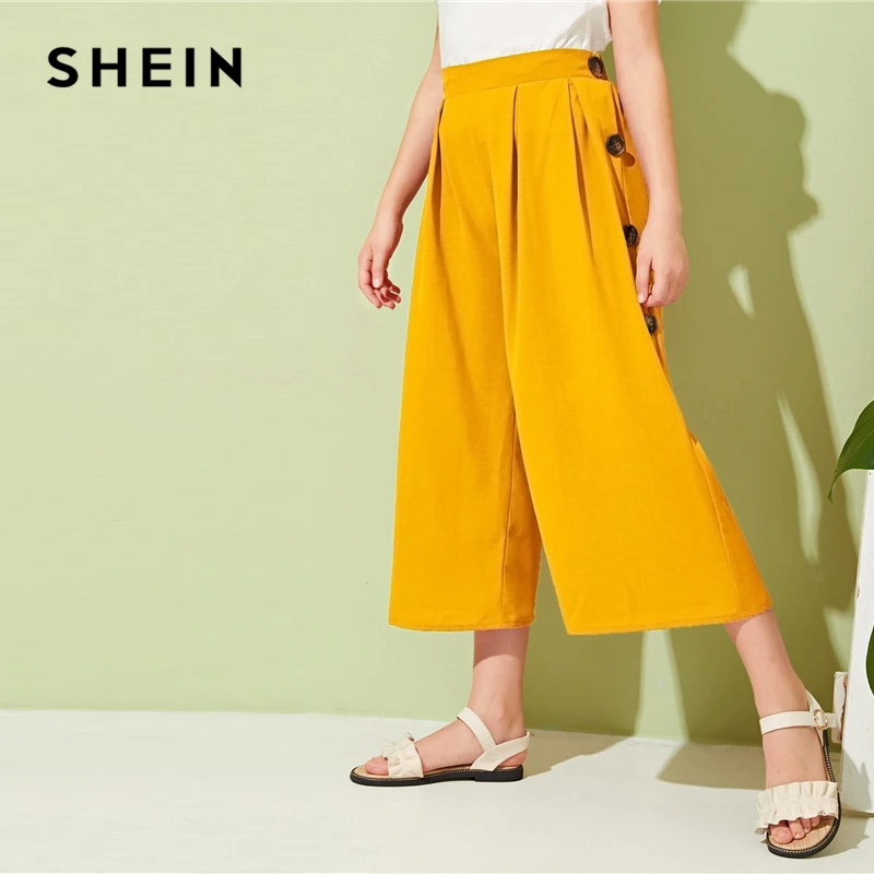 SHEIN Kiddie Girls Solid Button Side Pleated Palazzo Casual Pant Kids Bottom Summer High Waist Teenagers Loose Pants