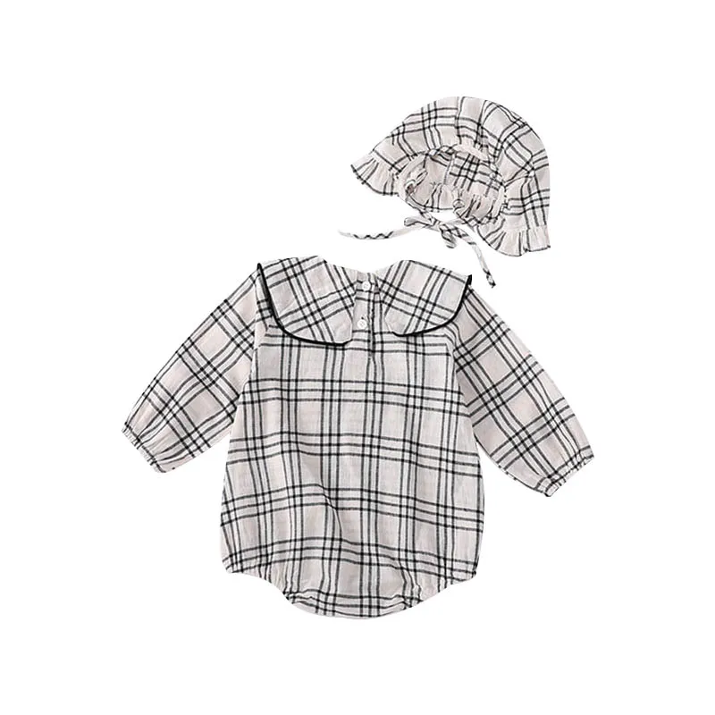 Toddlers Cotton Baby Girl Clothes AutumnNew Plaid Kids Ruffle Romper Jumpsuit with Hat Playsuit For Newborn 0-24M | Мать и ребенок
