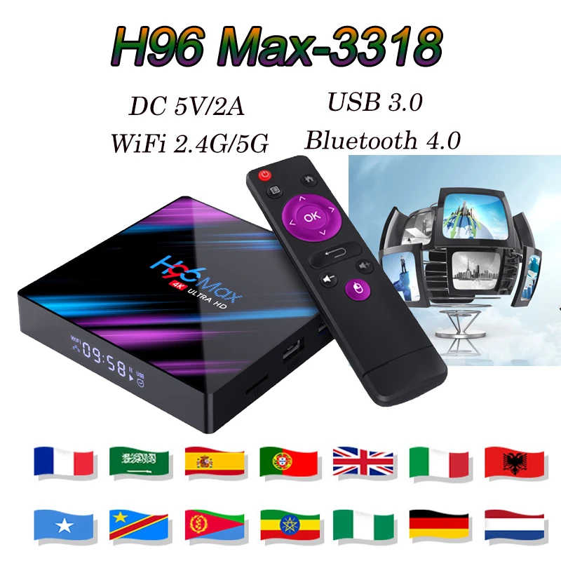 Новейший H96 Max-3318 Android 9,0 Смарт ТВ приставка HD 1080P WiFi 2,4G/5G медиаплеер для испанской России ip tv m3u подписка