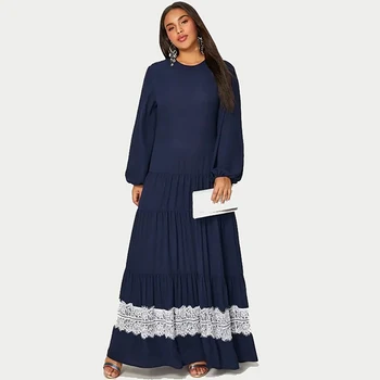 

Women Plus Size Abaya Jilbab Muslim Maxi Dress 2019 Autumn Winter Lantern Long Sleeve Lace Patchwork Casual Kaftan Long Dress