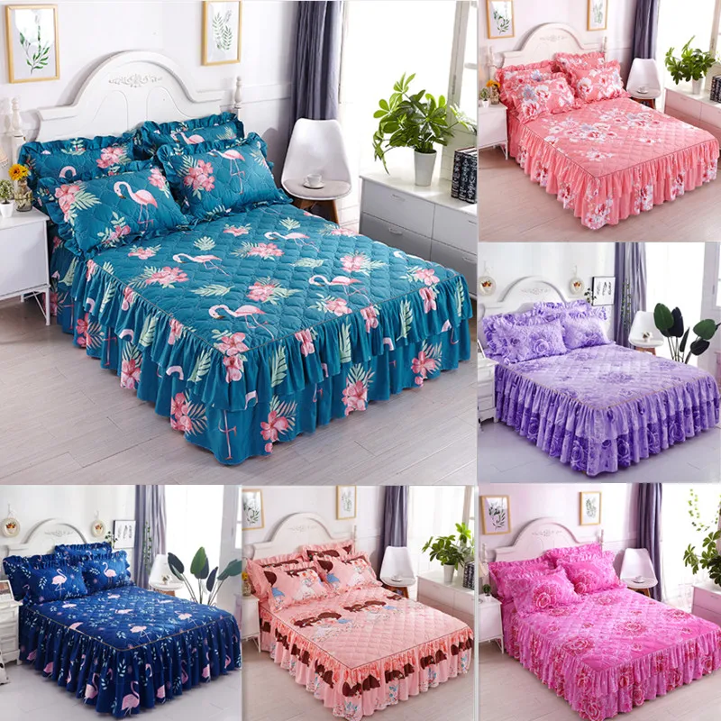 Romantic Two Layer Bed Skirt Elegant Chiffon Bedspread Thicken Quilted