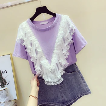 

T Shirt Women Lace Mesh Panel Ruffle Beaded Short Sleeve T-shirt Women's Summer Autumn Loose T-shirt Top Ropa De Mujer
