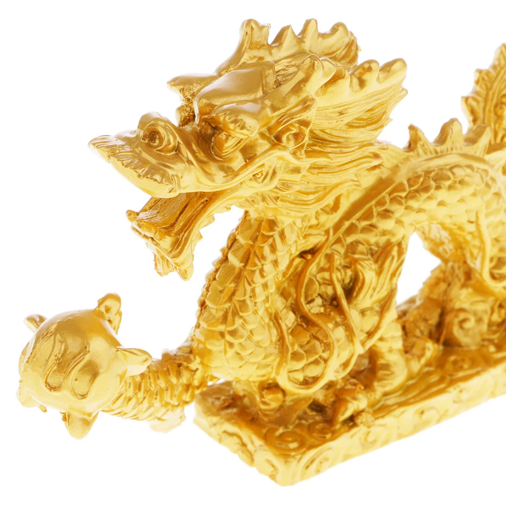 Feng Shui Dragon Collectible Statue, Lucky Figurines 5'' Golden Resin Dragon, Perfect for Home Office Decorations