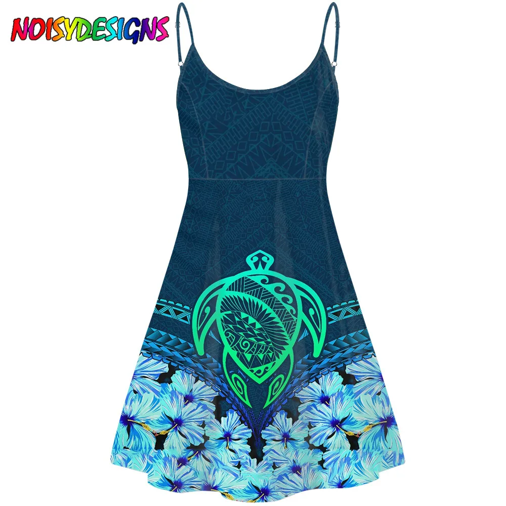

NOISYDESIGNS Dress Women Sleeveless Short Dress Ladies Party Streetwear Polinesian Turtle Design Hibiscus Dress Women Summer