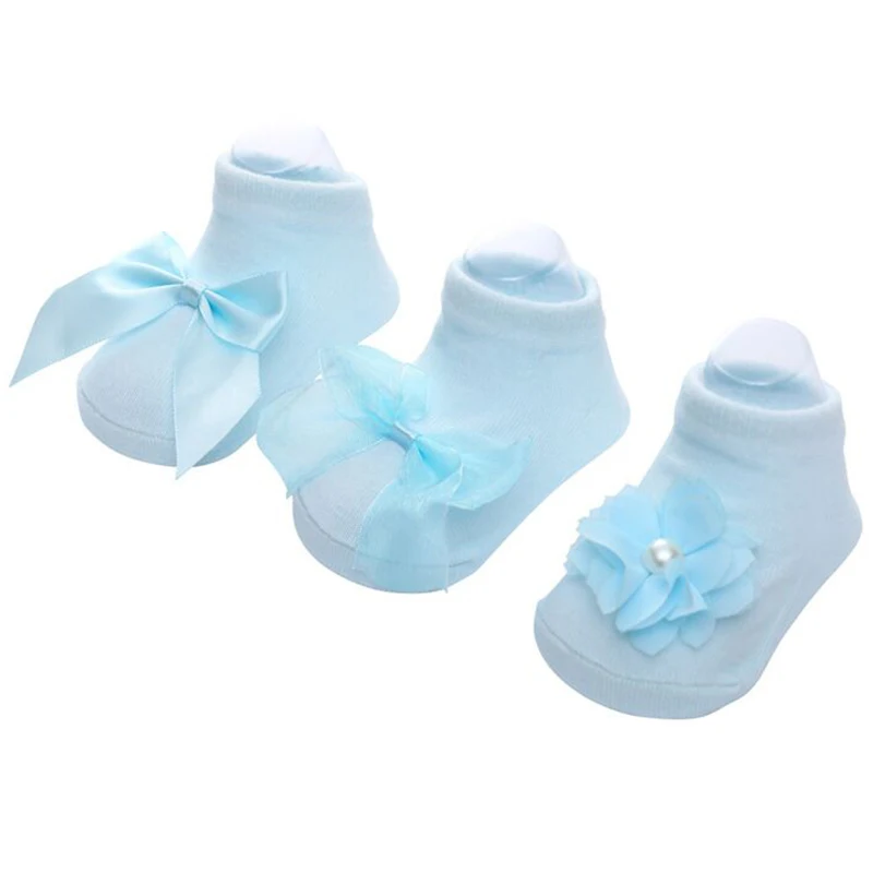 Blue Носки для малышей, 3 пар/лот, нескользящие носки для новорожденных милые детские носки принцессы с бантиком из шелковой пряжи, хлопковые нескользящие носки-Тапочки - Цвет: Blue