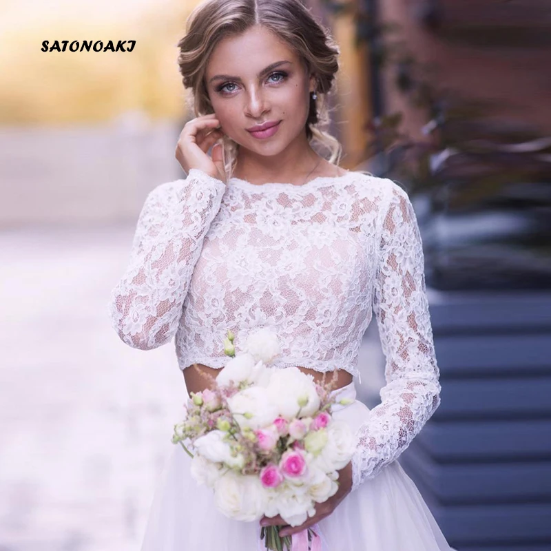 SATONOAKI пляжное свадебное платье с длинными рукавами, кружевное платье невесты, 2 предмета, платье принцессы, бохо, фатиновое платье для свадьбы, свадебное платье