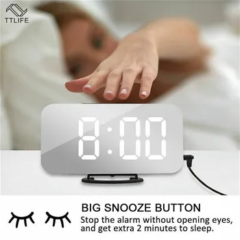 

Electric Digital Alarm Clock Mirror LED Display Voice Control Multifunction Snooze Digital Table/Desk Clocks Words USB Charge
