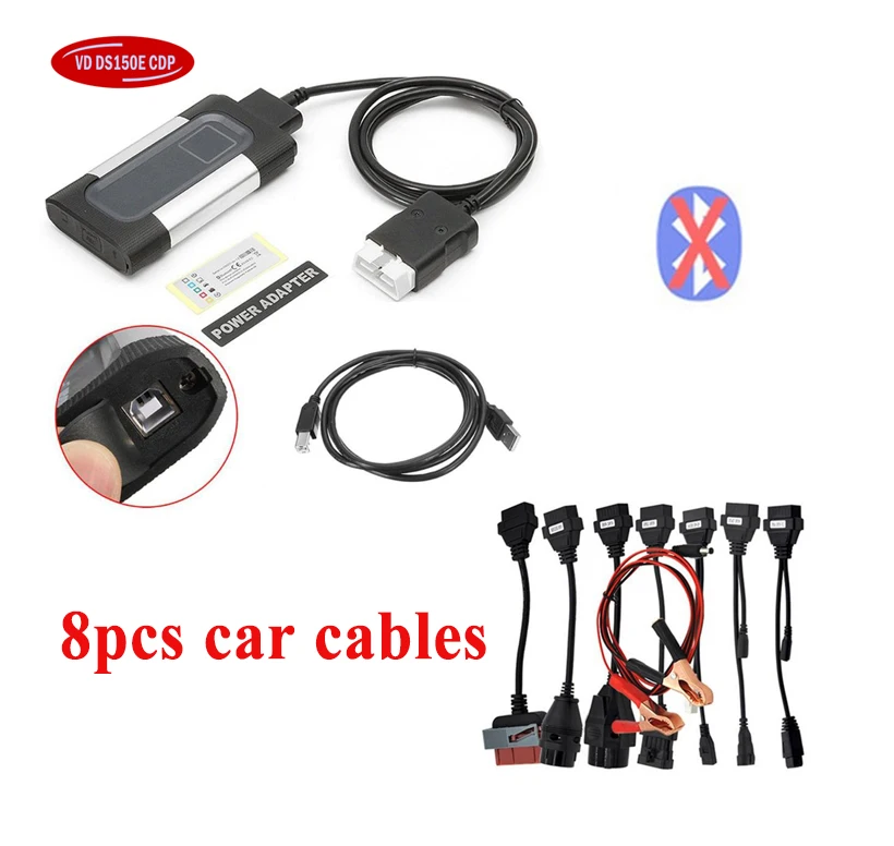Топ продаж,0 с keygen Bluetooth vd ds150e cdp OBD2 сканер для delphis мульти Автомобиль Diag autocome+ 8 автомобильных кабелей - Цвет: autoc0m cable no BT