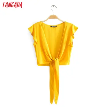 

Tangada women retro ruffle white cotton crop blouse sleeveless 2020 summer chic female sexy bow shirt tops JA01