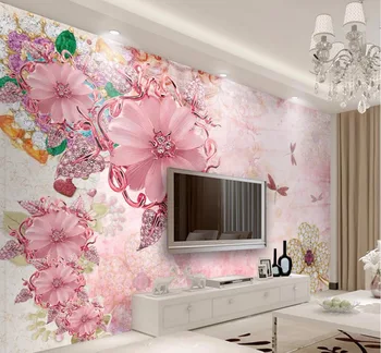 

CJSIR Custom Photo Wallpaper 3D Fresco, European Style Court Wind Pink Jewelery Flower TV Wall Background Papel De Parede