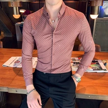 Chemise Homme британский стиль Для мужчин рубашка в полоску с длинными рукавами, высокое качество, отложной воротник, деловая, общественная рубашки Для мужчин клубный костюм-смокинг