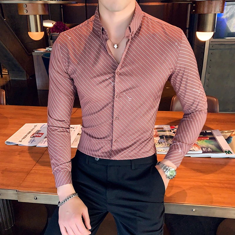 

Chemise Homme British Style Men Stripe Shirt Long Sleeve High Quality Turn Down Collar Business Social Shirts Men Club Tuxedo