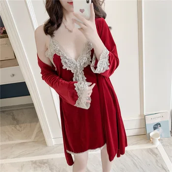 

Sexy Female Twinset ROBE SET Kimono Bathrobe For Young Lady VELOUR Casual Sleepwear Nightgown Lace Nightdress Home Dressing Gown