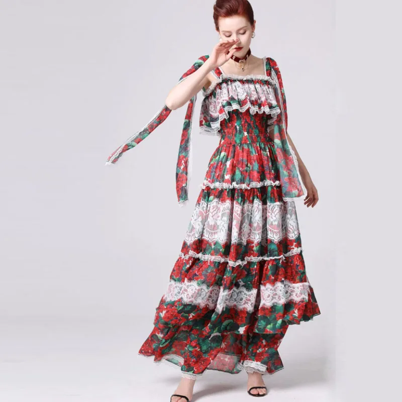 Boho Стиль Плиссированное женское платье модный принт Высокая талия темперамент женское платье летние оборки квадратный воротник Длинные женские платья