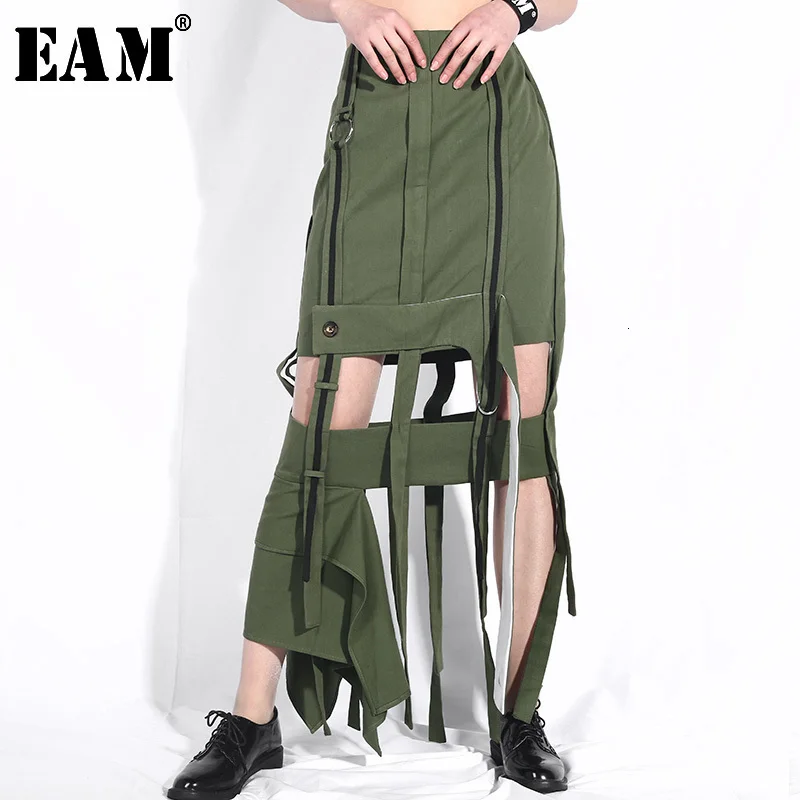 

[EAM] 2019 New Spring High Waist Army Green Holes Hollow OutMatel Ring Split Joint Half-body Skirt Women Fashion Tide JG75