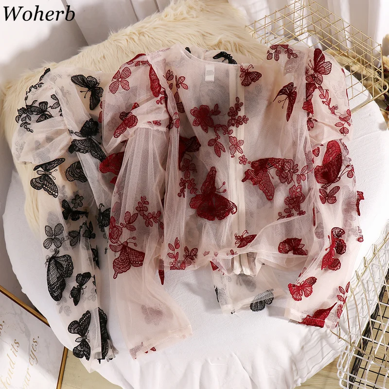 

Woherb O Neck Long Sleeve See Through Blouse Butterfly Hook Flower Lace Shirts Vintage Fashion Crop Tops Korean Style 91526