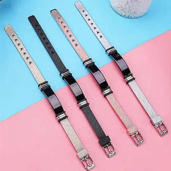 

Somsoar Jewelry Stianless Steel mesh bracelet with PU Charms can printing Logo/name/date with 7 holes to adjustable