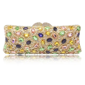 

Dark Purple/Green/Pink Opal Stone Evening Clutch Crystal Bags Gold Metal Women Chain Dinner Party Purses Fashion Ladies Hollow O