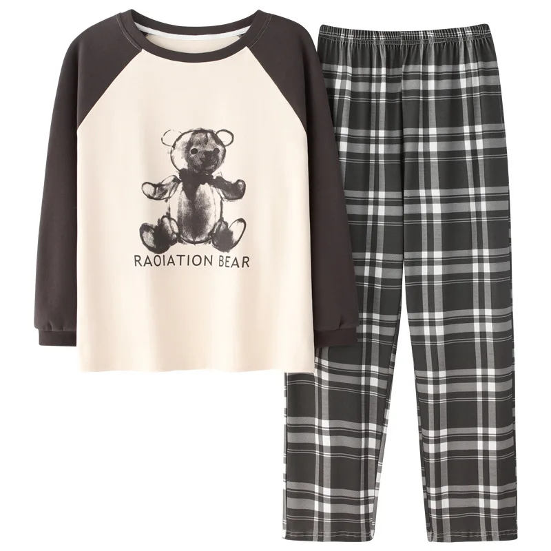 Trendyol Cartoon Bear Print Sleepwear Plaid Pants Pajamas for Men 100% Cotton Spring Autumn Couples Casual Breathable Pajama Set
