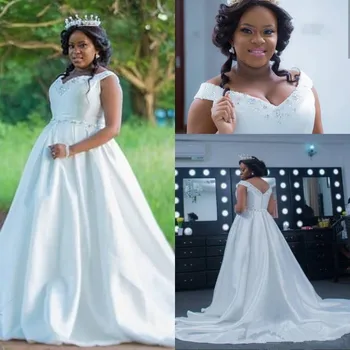 

Beaded Satin Boat Neck Beach Wedding Dresses 2020 Sweep Train Bridal Gowns Ivory White Plus Size Bride Dress