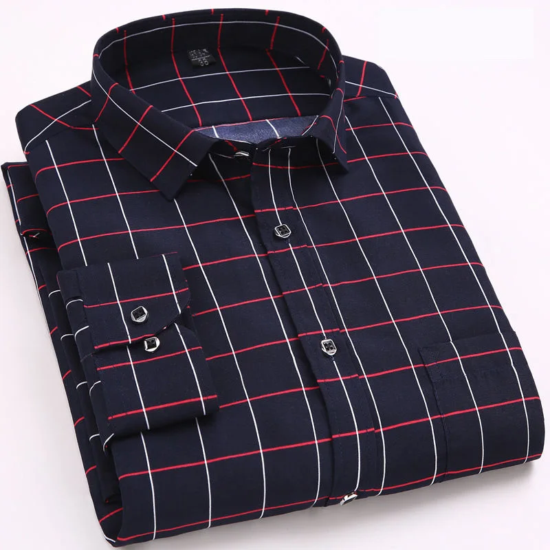Мужская Высококачественная рубашка с длинным рукавом и отложным воротником, брендовая мужская приталенная мягкая уютная клетчатая рубашка в полоску, повседневные рубашки на весну и осень - Цвет: B03