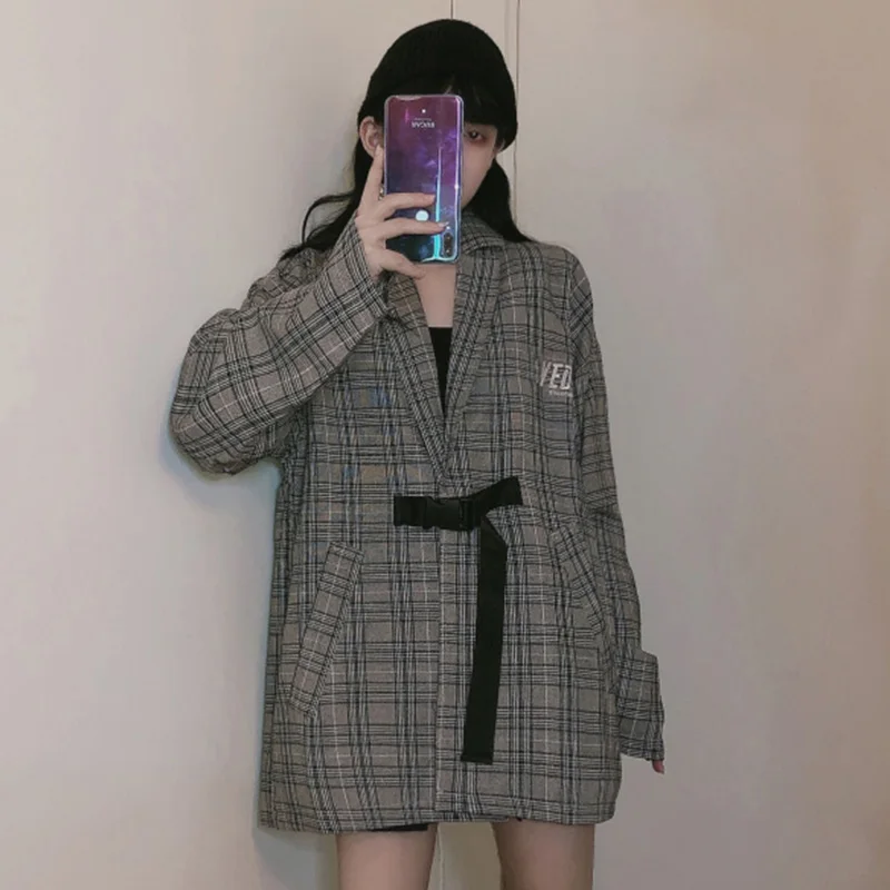 Harajuku клетчатые длинные блейзеры с вышитыми буквами, женская верхняя одежда, осень-зима, новая Корейская Пряжка для кардигана, куртки для женщин