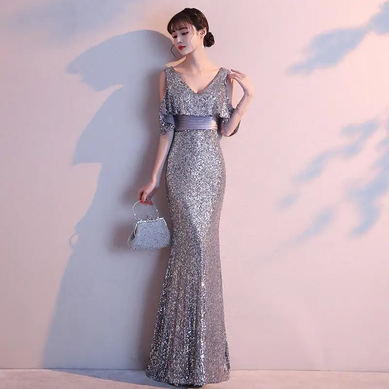 Женское кружевное пэтчворк вечернее платье с расклешенными рукавами элегантное Qipao благородное платье русалки Cheongsam шикарное китайское платье макси с блестками и бусинами - Цвет: Grey