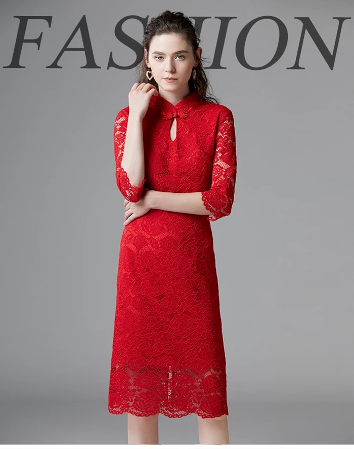 Китайский стиль фестиваль красное кружево cheongsam для женщин vestidos до колена Половина рукава 5XL бант натуральная Талия осеннее платье 14330