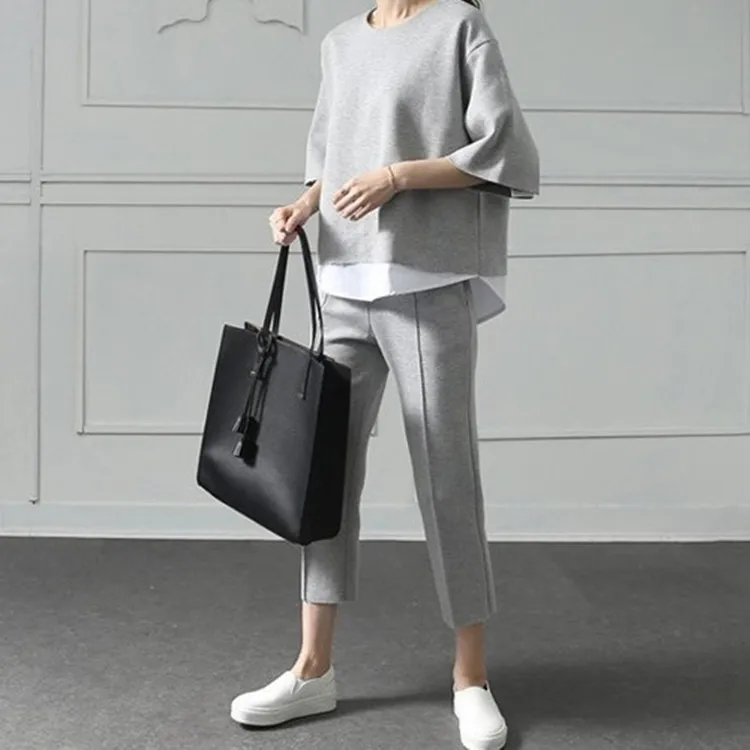 

Casual Autumn O-Neck Fake Two Pieces Top 3/4-Length Pants Two-piece Sets Loose Splits Sleeve Cotton Suits 2019