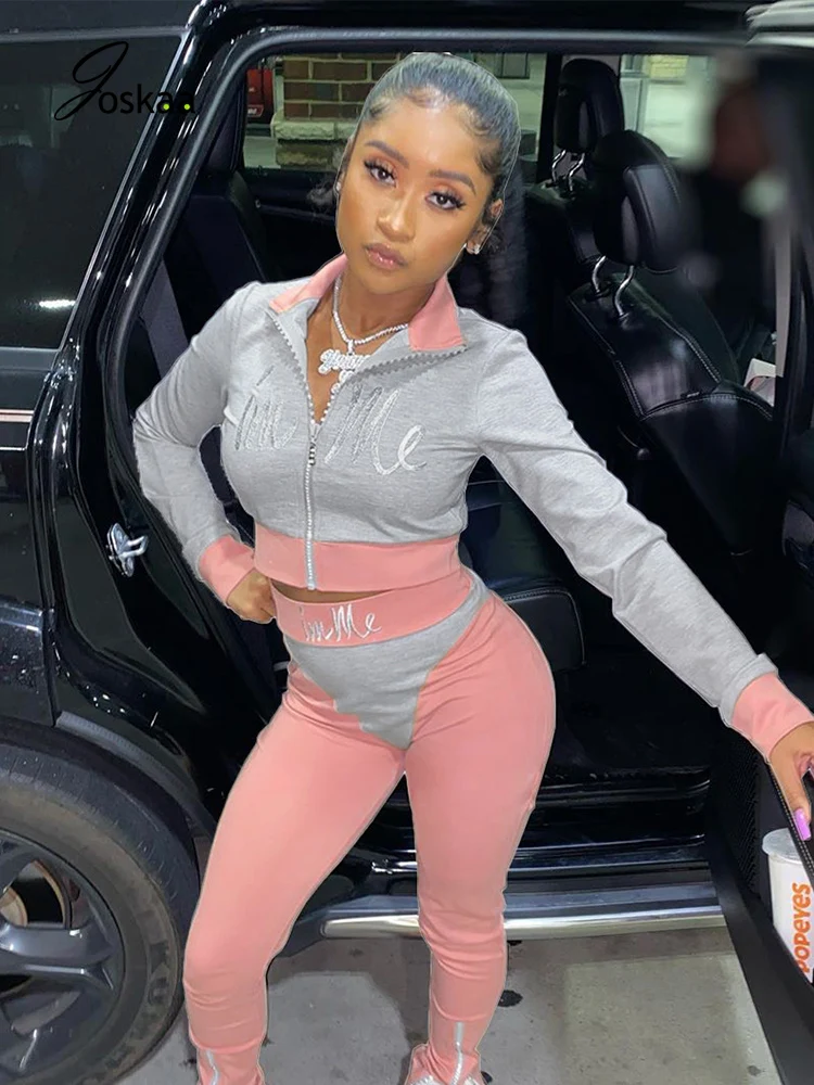 

Joskaa Sexy Slim Women Set Long Sleeve Stand Collar Skinny Crop Top Elastic Zipper Flare Embroidery Letter Sporty Pants Suit