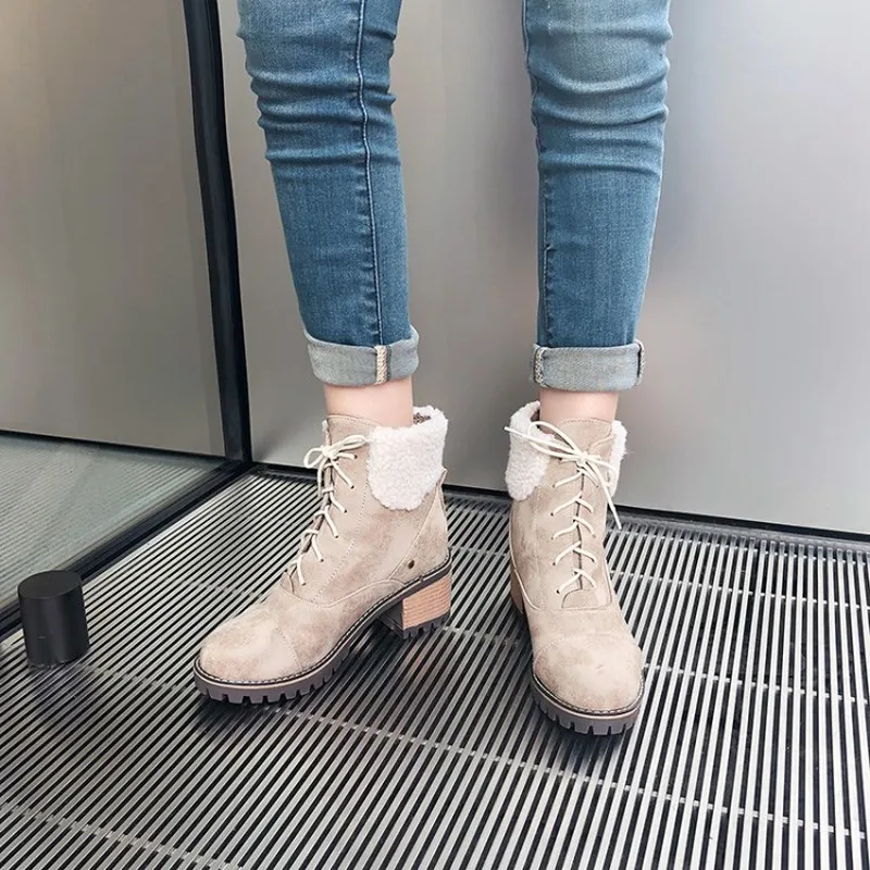 Women high heels matin boots Round Toe lace up ankle Women Boots vintage PU leather mujer zapatos a85