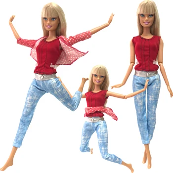 

NK 1 Set Doll Fashion Outfit Long Jeans Trousers Daily Casual Wear Red Coat Pink Hot Shirt For Barbie Doll Accessories Gift 267A