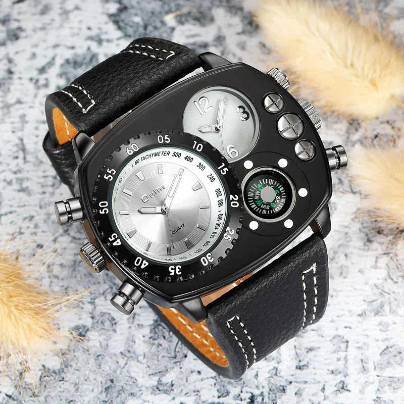Erkek Kol Saati фирменные мужские часы Oulm с кожаным ремешком кварцевые часы модные часы Militar спортивные мужские часы Montre Homme - Цвет: 9865white