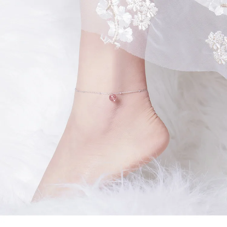 WOSTU, 925 пробы, серебряный ножной браслет, розовый кристалл, клубника, кварц,, ножные браслеты для женщин, хорошее счастье, роскошные ювелирные изделия DXT012