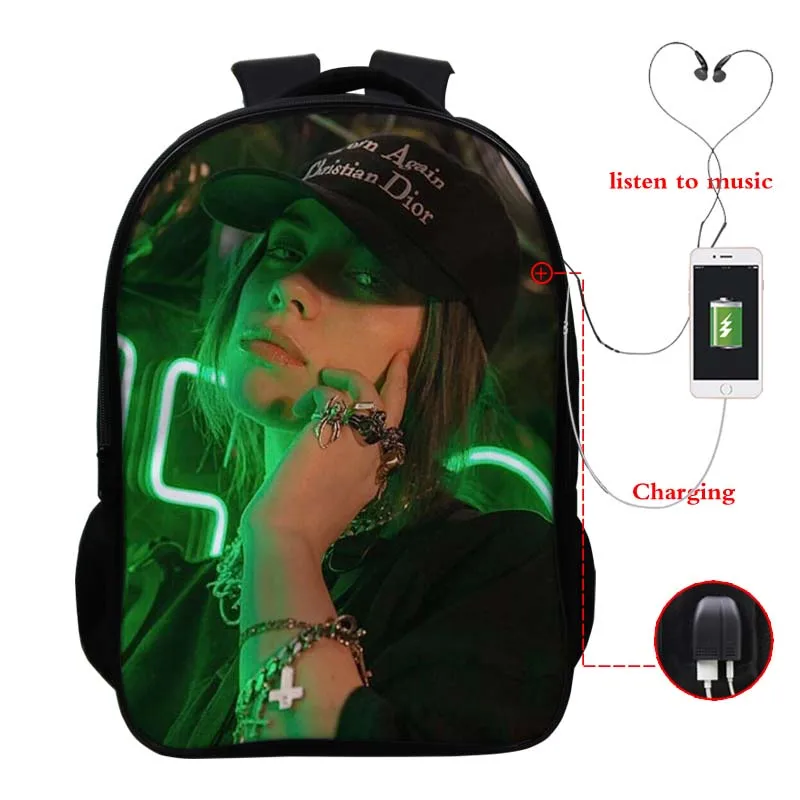 Высокое качество Billie Eilish USB зарядка рюкзак для мужчин и женщин мальчиков и девочек подростков рюкзак usb зарядка школьный рюкзак модная сумка