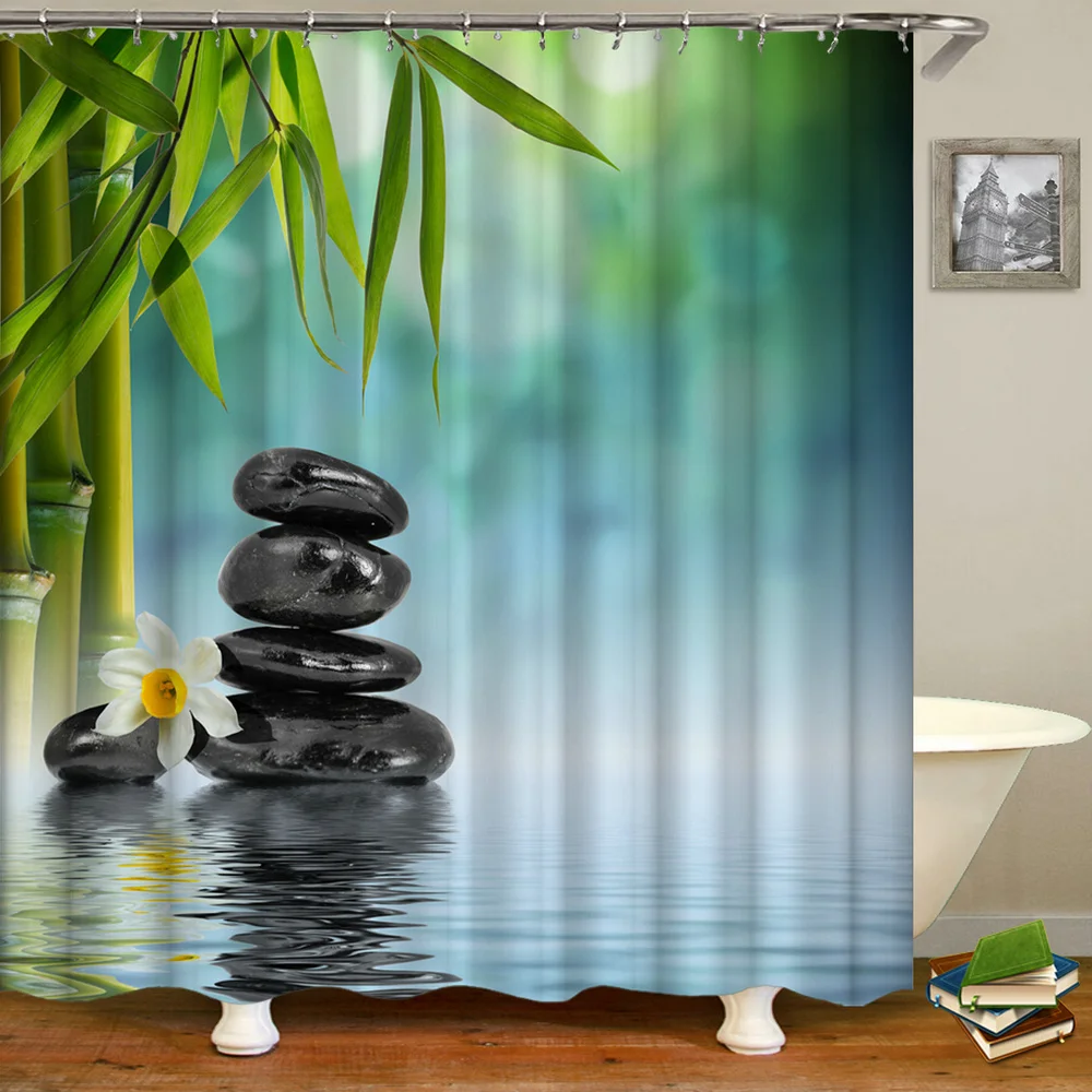 3d Китайский Zen Stone Зеленые Бамбуковые цветы занавески для душа ванной
