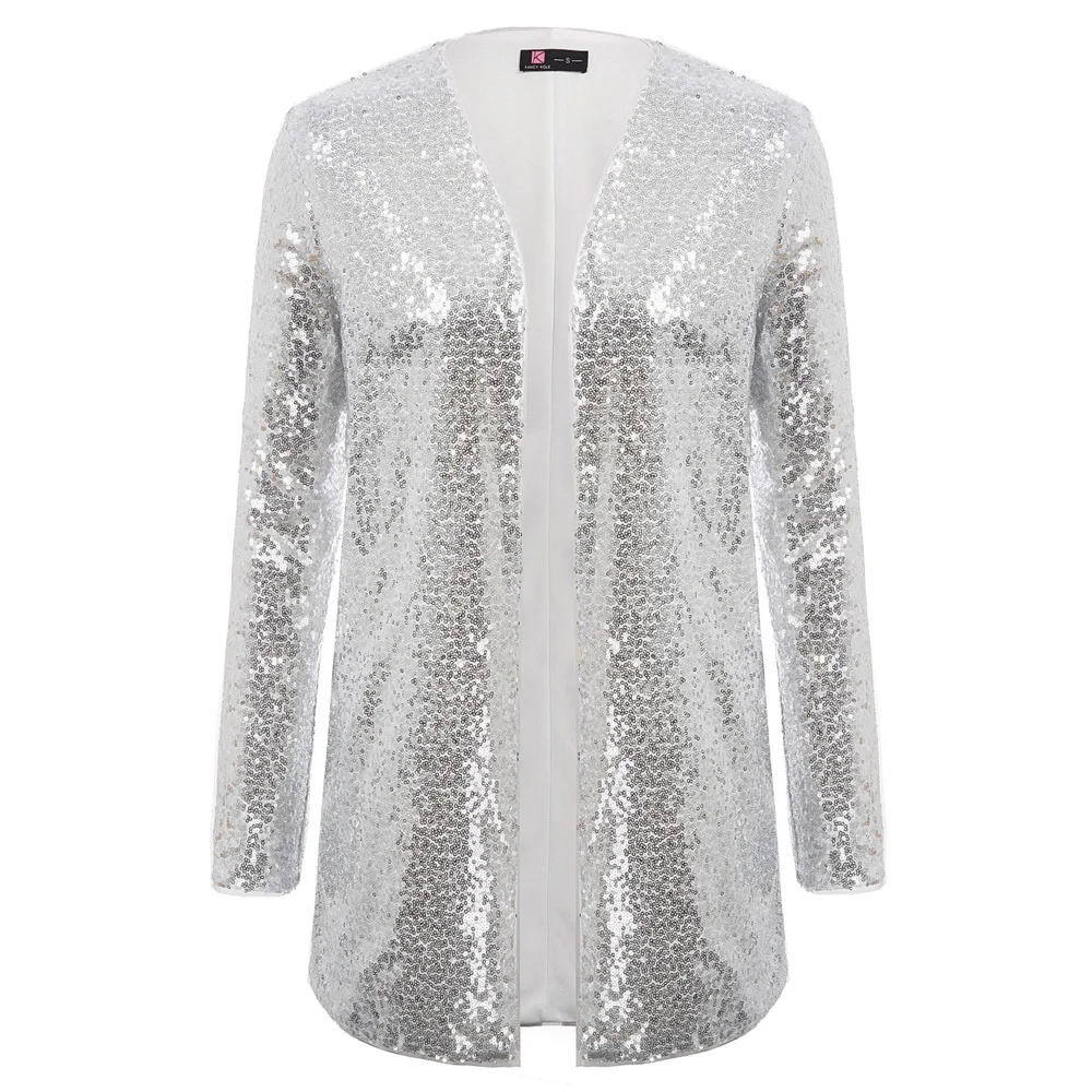 Kate Kasin Модные женские Блестящие Блестки потрясающий с блестками длинный рукав Открытый спереди пальто леди элегантный стиль куртки пальто - Цвет: Silver
