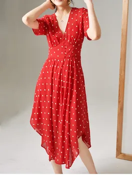 

Women's Red Color Floral Embroidery Mid Calf Dress Two Piece V-neck Buttons Short-Sleeved Asymmetrical High Waist Long Dress