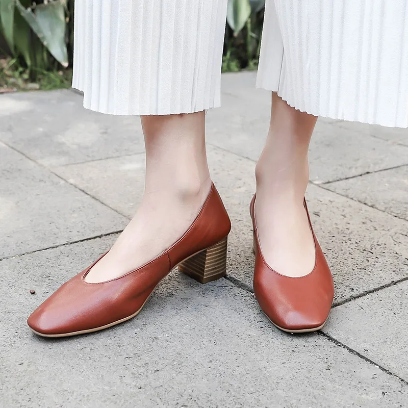 

2019 Spring New Style Ozhouzhan High Heel Shoes Women's Genuine Leather Korean-style Square Head Versatile Chunky-Heel Shoes Ret