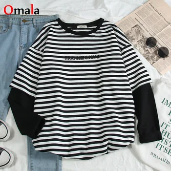 

Korean Women t-shirts letters stripe Patchwork tops O-Neck All-match Students tee shirt autumn fashion Large size Casual T shirt