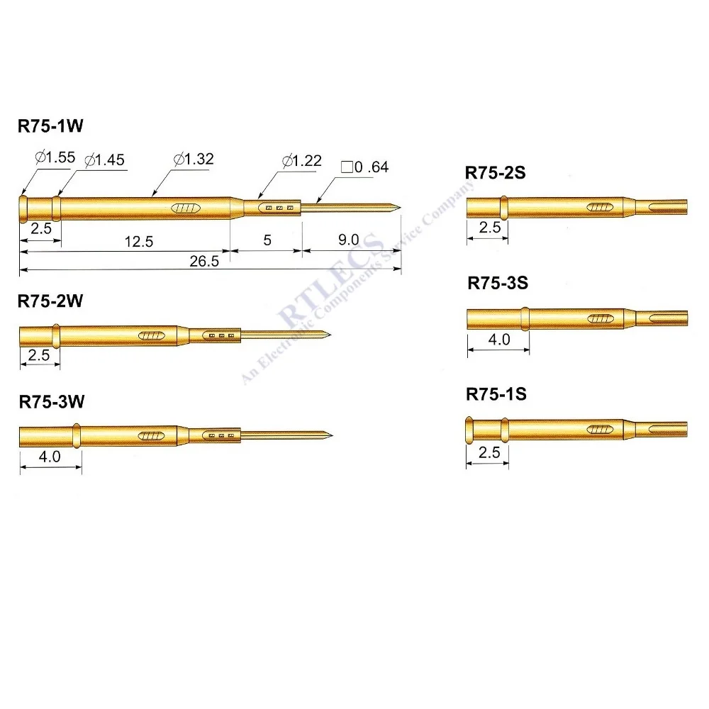 Sonda de Teste Série R75 de 100 Peças Comprimento de 26.5 mm Conexão de Pino Pogo com P75 Pcb sem Mola Carregada