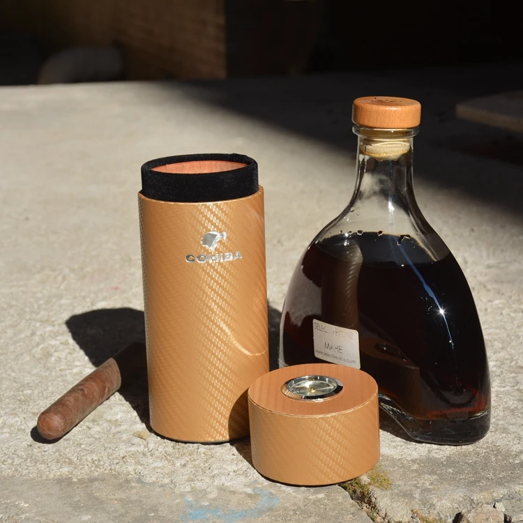 Чехол для сигары COHIBA, карбоновое волокно, дерево кедра с подкладкой, трубка, мини, для путешествий, с увлажнителем для сигар, гигрометр для новой сигареты